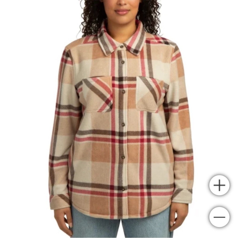 NWT Realtree Women's Plaid Bonded Fleece Shirt Jacket - Tan and Red